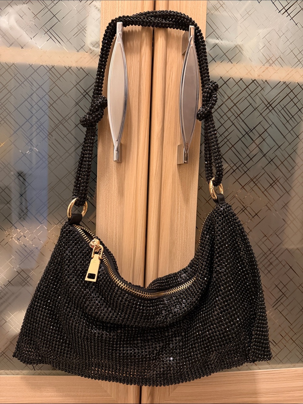 Black Beaded Shoulder Bag with Gold Hardware